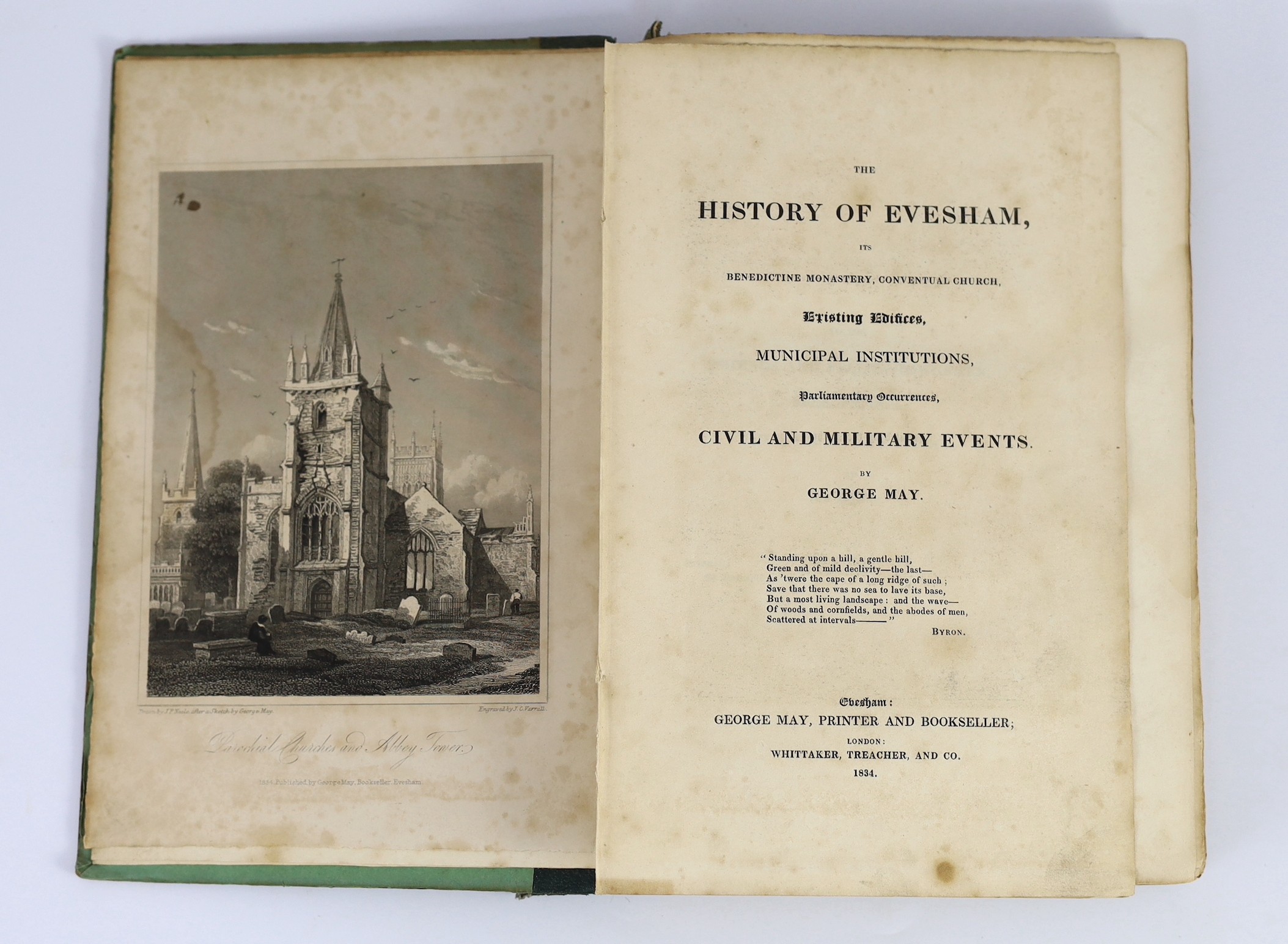 WORCESTERSHIRE: May, George - The History of Evesham ... 2 engraved plates, subscribers list, half title; original cloth-backed paper boards with printed label, uncut. Evesham & London, 1834